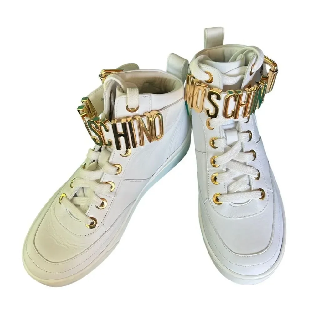 Moschino Gold Logo Leather High-Top Sneakers size 36